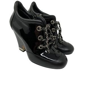 CHANEL Patent Califskin Leather Lace Up Short Boots
